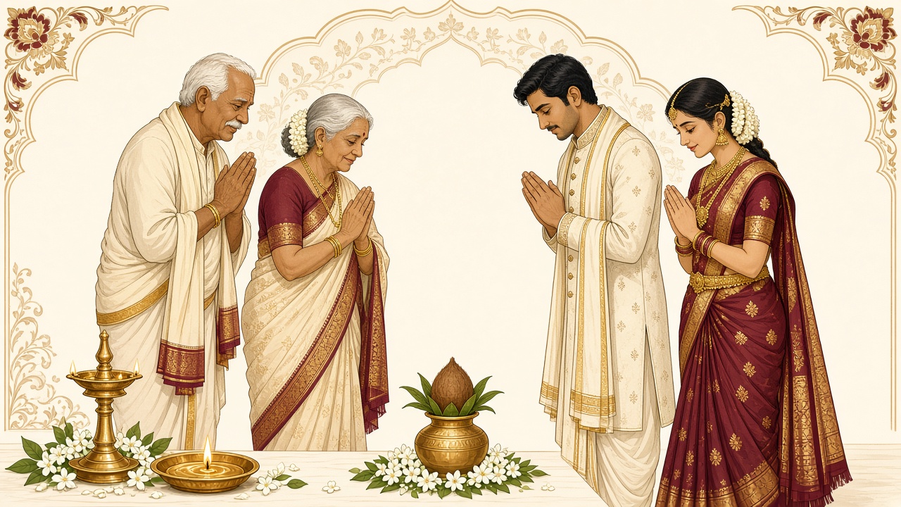 Elders offering blessings to the bride and groom beside a kalash and diyas