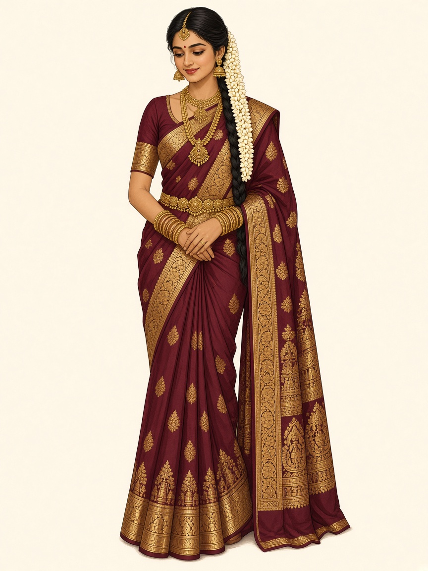 Illustration of the bride in a maroon and gold silk saree with jasmine in her hair