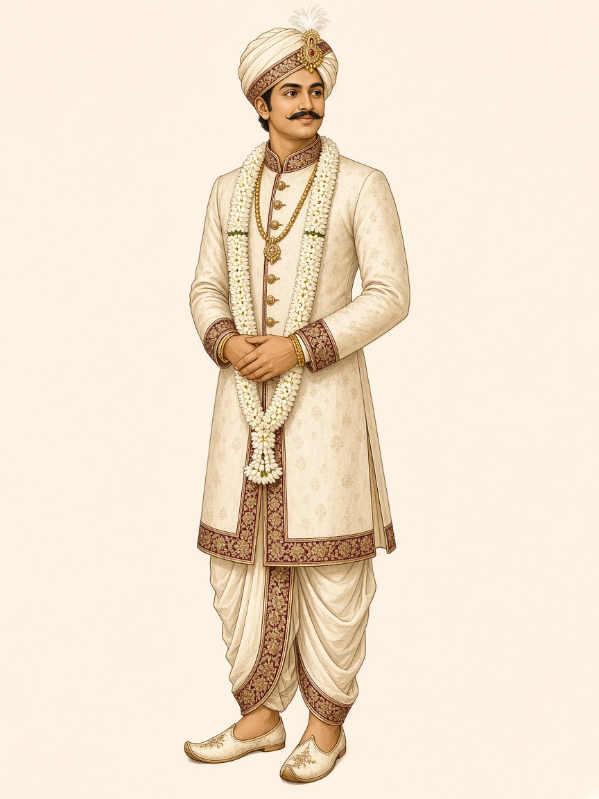 Illustration of the groom in an ivory and gold sherwani with a jasmine garland