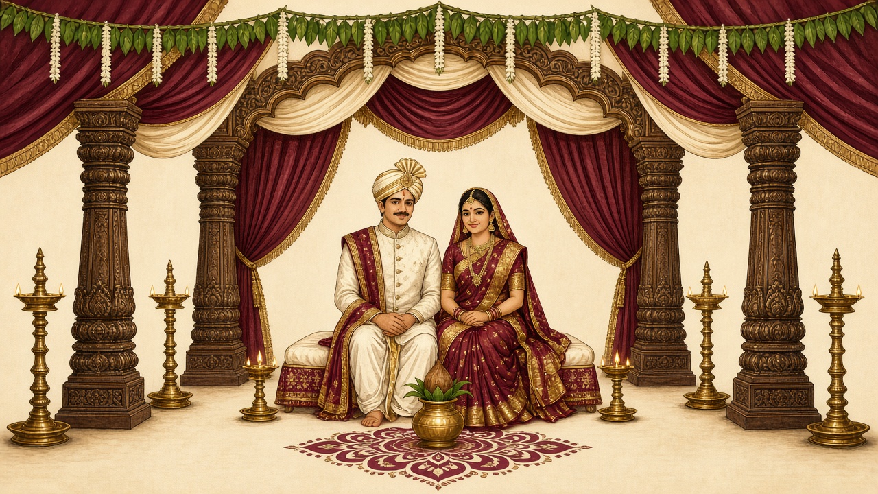 Bride and groom seated beneath a traditional wedding mandapam with diyas, mango leaves, and rangoli